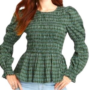 Universal Thread Puff Long Sleeve Smocked Green Blue Cottagecore Blouse Small S